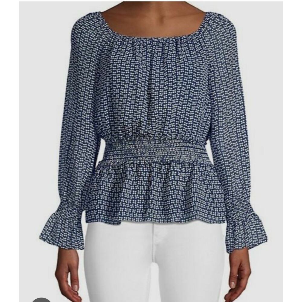 $88 Max Studio Women's Blue Polka Dot Square-Neck Smocked Long Sleeve Top Size L